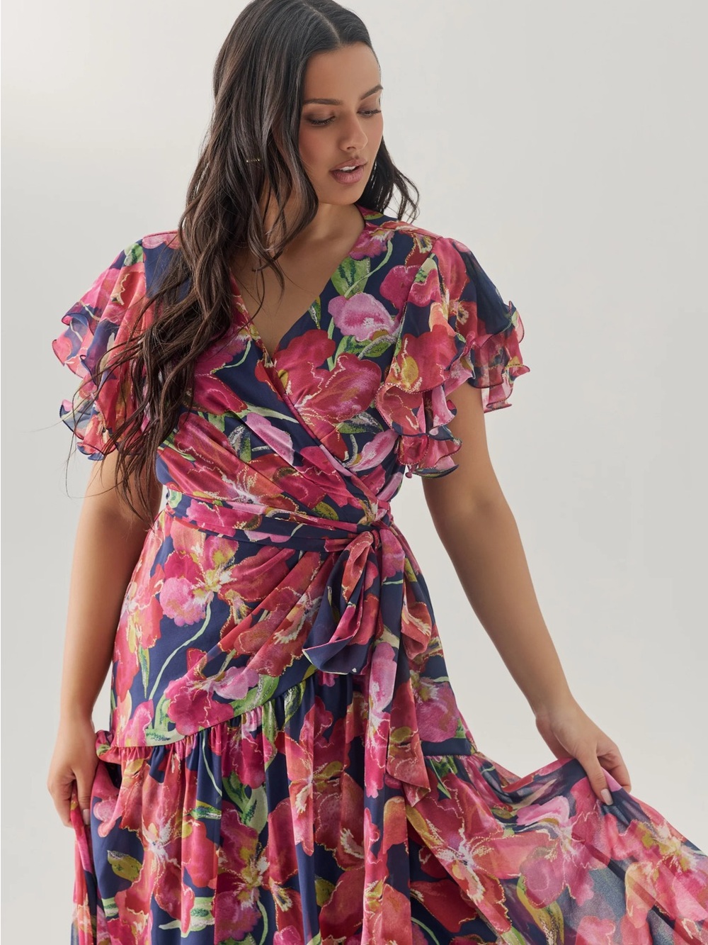 Hutch Navy Floral Wrap Midi Dress with Pink Blooms